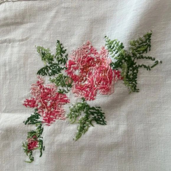 Vintage White Linen Tablecloth with Pink and Green Flowers and Leaves - Picture 4 of 9